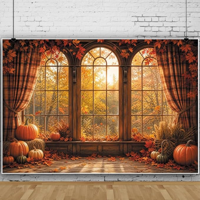 Autumn Fall Window Backdrop 12x10ft Rustic Wooden Arched Window with Pumpkin Maple Leaves Thanksgiving Harvest Photo Background for Party Decor Portrait Photography Booth Props Vinyl by Leowefowa