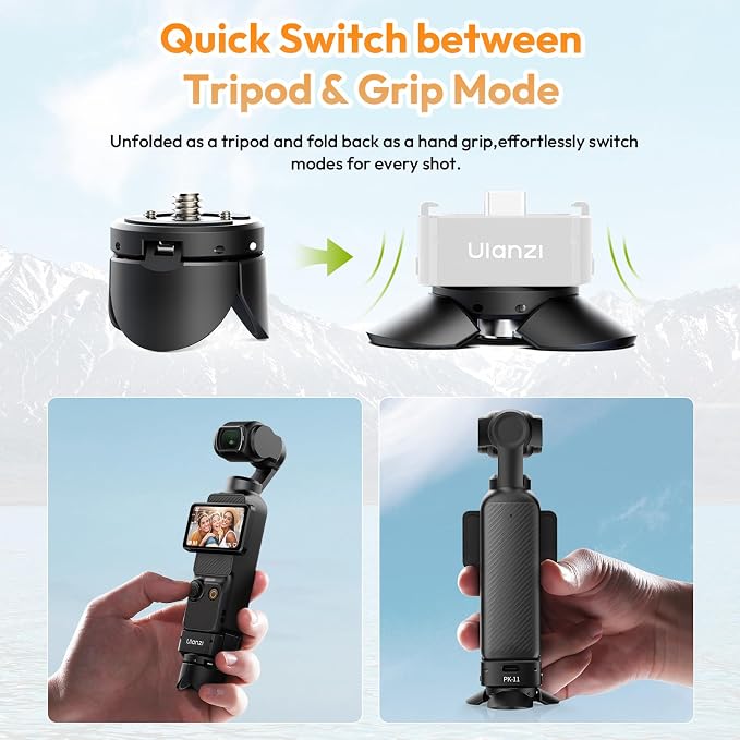 ULANZI PK-08 Auto-Open Mini Tripod for DJI Pocket 4p 4 3/Luna Ultra | Tripod & Grip Mode, Aluminum Alloy, 1/4"-20 Screw for Xtra Muse, Compact Travel Vlog Action Camera Accessories - Image 2