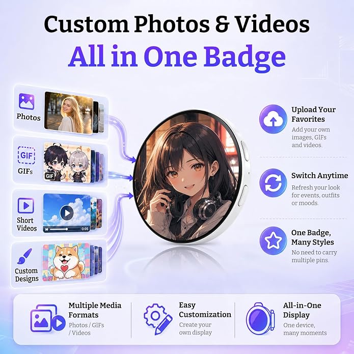 HD Digital Badge Pin with TouchScreen, Personalized E Badge for Backpack | Electronic Digital Display Badge with Custom Photo GIF Video Slideshow, Lightweight Pixel Display Smart Button Gift - Image 3
