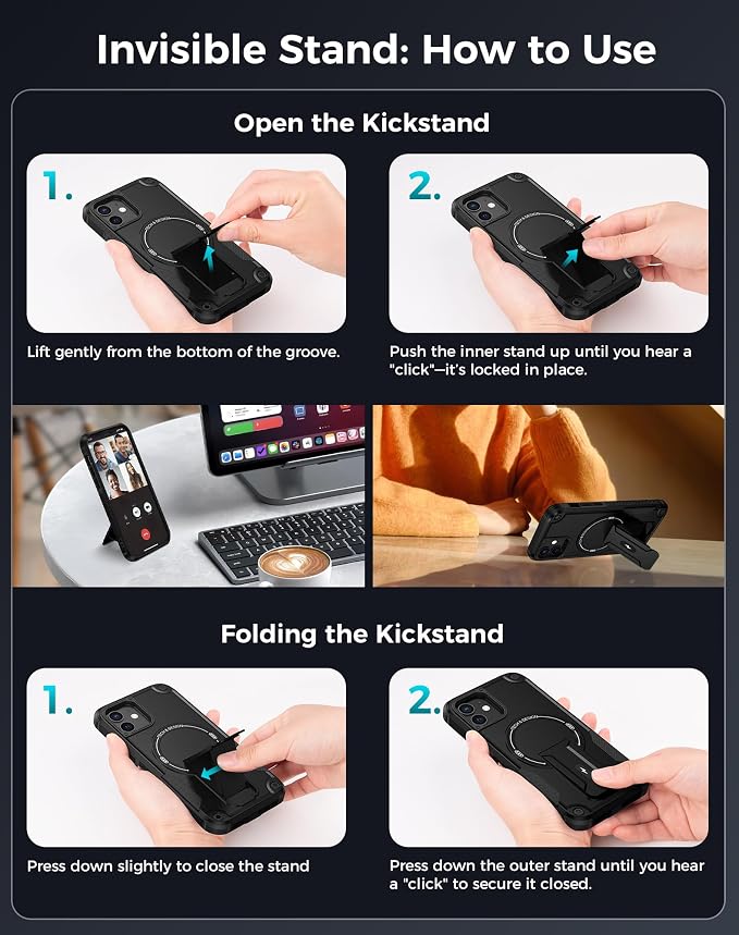 Goton 3 in 1 for iPhone 12 Case with Privacy Screen Protector Black | Glass Camera Lens Protector,Compatible for MagSafe,Invisible Kickstand, Shockproof Phone Cover for iPhone12 - Image 8