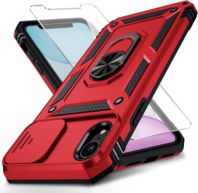 for iPhone XR Case with Camera Lens Cover, HD Screen Protector, 10 FT Military Grade Drop Protection, Magnetic Ring Holder Kickstand Protective Phone Case, Red by Weycolor