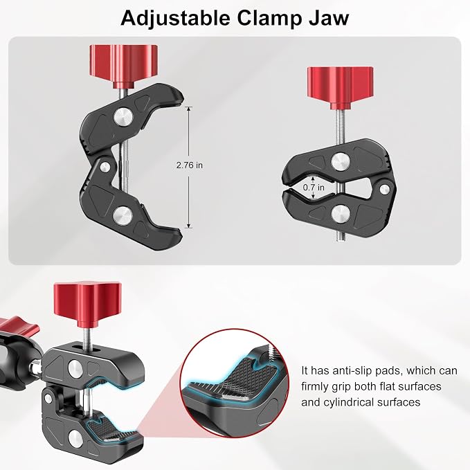 Camera Mount Super Clamp, Double Ballhead Magic Arm Clamp for GoPrO/Pocket 3 /lnsta360 X3 X4 /DSLR/Monitor/LED Light/Flash/Microphone,360°Rotating & 1/4”Screw & CNC Ebike Handlebar Clip Kit, JC008 - Image 4