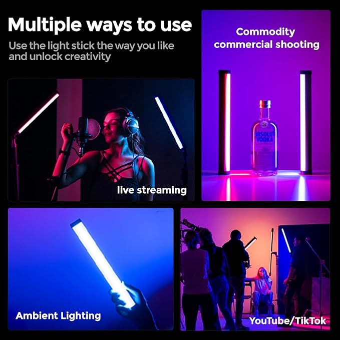 PHOTOOLEX 360°RGB Tube Light, LED Video Light Wand, Magnetic Light Stick | 2500K-9900K/360° Full Color/CRI 96+/2600mAh/Rechargeable/Handheld, Photography Light Bar for TikTok YouTube - Image 2