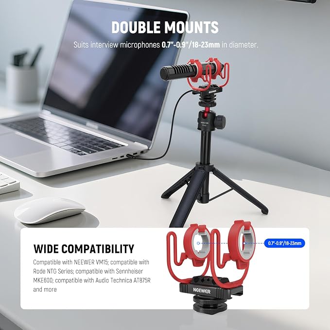 NEEWER Microphone Shock Mount with Cold Shoe, 1/4" Thread for Camera Cages, Boom Arm Pole Stands, Tripods, Mic Holder Compatible with VM15 Rode NTG Series Sennheiser MKE600 Audio Technica AT875R, MH1 - Image 5