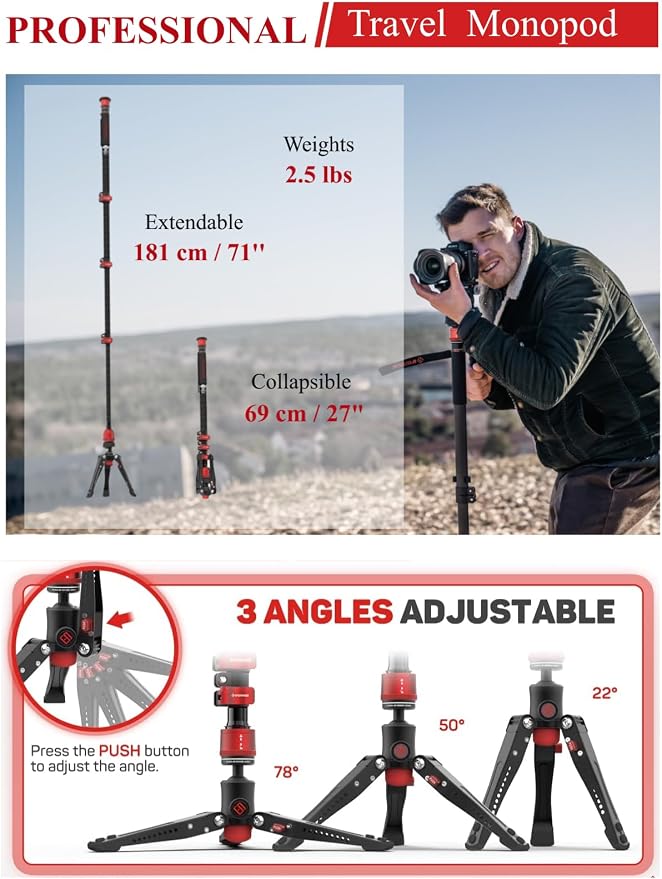 IFOOTAGE Cobra 3 A180F Aluminum Camera Monopod 71" | Telescopic Video Monopod with Feet Compatible with Sony Canon Nikon DSLR Cameras, Payload 17.6lb - Image 3