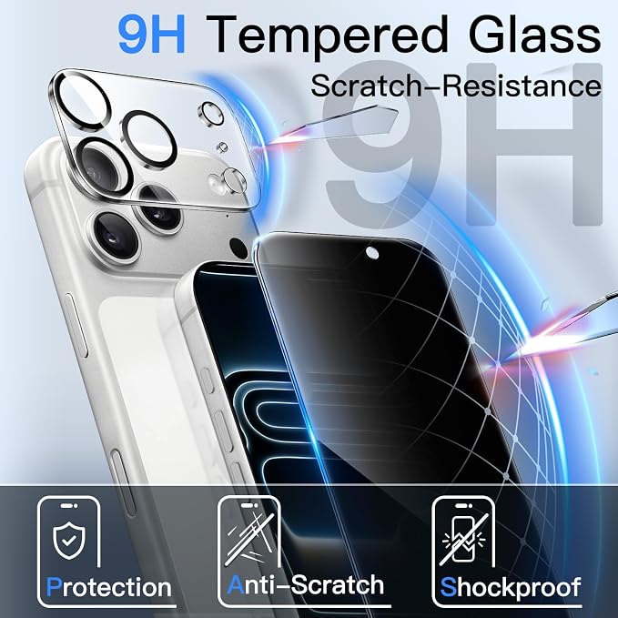 JETech Privacy Screen Protector for iPhone 17 Pro, 2+2 Pack | Anti-Spy Tempered Glass, with Camera Lens Protector, Easy Installation Tool - Image 5