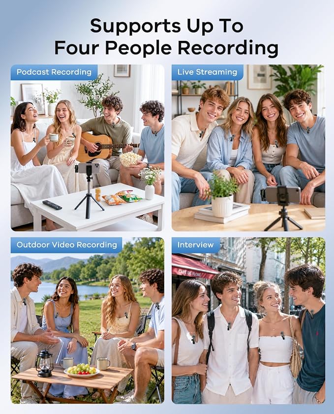 4 Packs Wireless Lavalier Microphone for iPhone Android Camera | Mini Clip-On Mic with Noise Reduction for 4-Person Video Recording, Interviews, Podcasts, YouTube, TikTok & Vlogging (Black) - Image 6