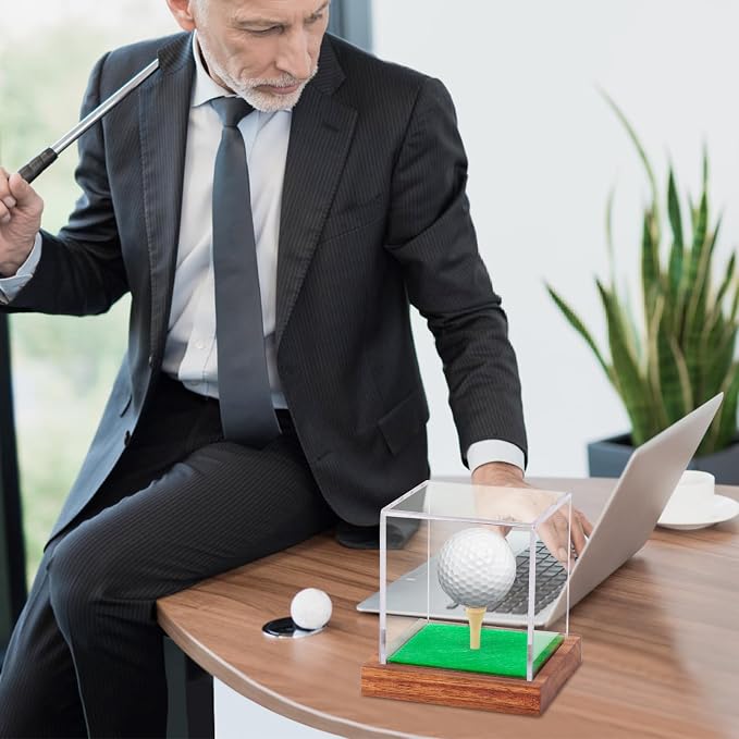 Clear Acrylic Golf Ball Display Case with Wood Base & Tee, Memorabilia Stand Cube Holder, Dust Protection Transparent Storage Box for Single Ball Souvenir Golfball Collections - Image 9