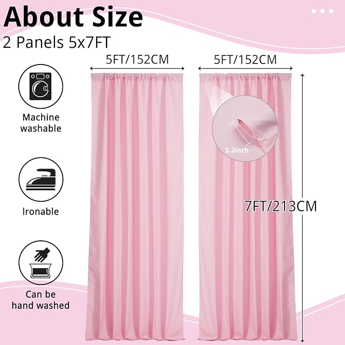 10x7FT Pink Backdrop Curtains for Parties, 5x7FT 2 Panels | Wrinkle Resistant Fabric Drapes for Photography Birthday Wedding Background Decorations Easy Hang Multipurpose Use - Image 3