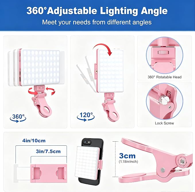 Selfie Light, Phone Light with Front & Back Clip, 60 LED Portable Light with 3 Modes, 5000mAh Rechargeable Video Light for Phone, iPhone, IPad, Laptop, TikTok, Makeup, Lighting Monolights(Pink) - Image 7