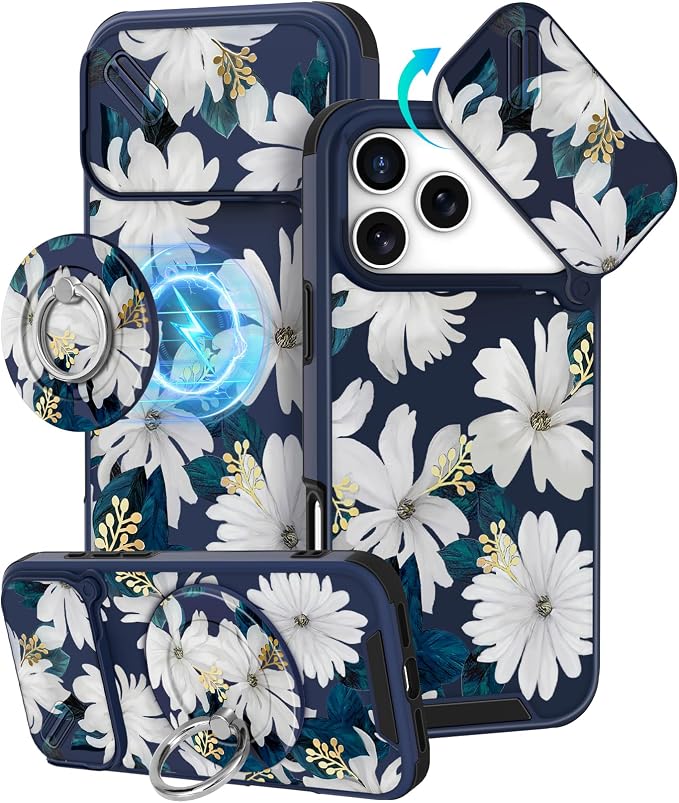 Buleens for iPhone 17 Pro Case 6.3 Inch - with Ring Stand & Camera Cover Aesthetic Cute Designed for Women Girls Kawaii Pretty Girly White Floral Phone Case for iPhone 17 Pro Compatible with Magsafe by Buleens