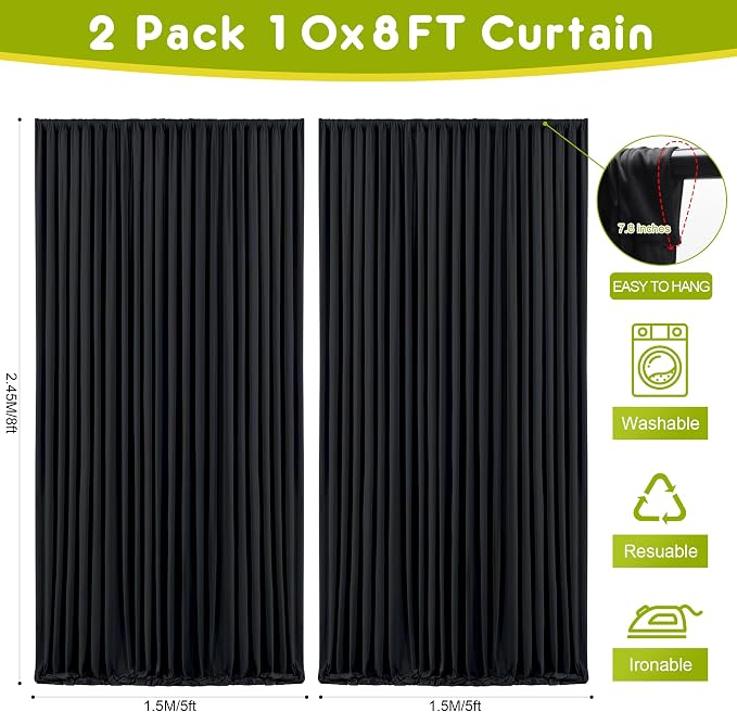 Black Backdrop Curtain for Parties Backdrop Drapes, 2Pack 10x8FT | Wrinkle Free Polyester Curtain Backdrop Draping Fabric for Backdrop Photoshoot Birthday Party Background,4 Panel 5x8FT - Image 2