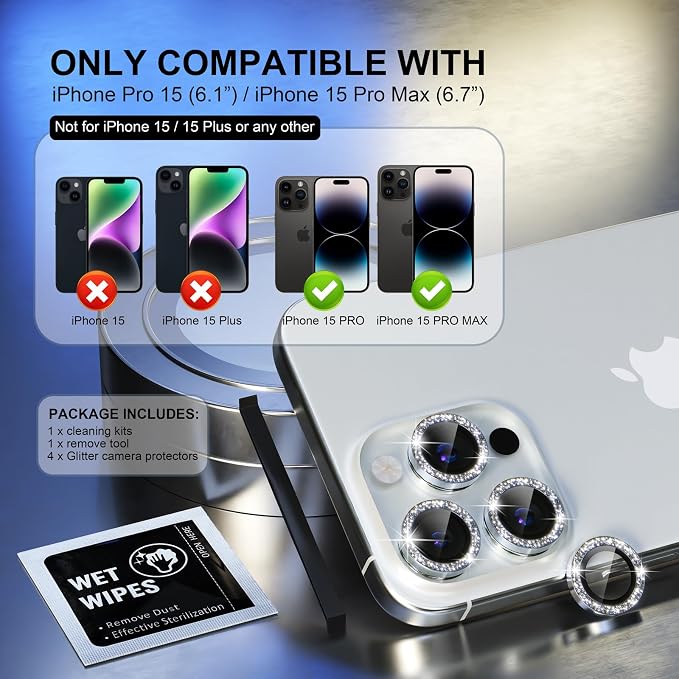 Choiche for iPhone 15 Pro/iPhone 15 Pro Max Camera Lens Protector | Ultra HD, Bling 9H Tempered Glass Camera Cover Screen Protector Metal Ring Decoration Accessories (Glitter-Silver) - Image 2