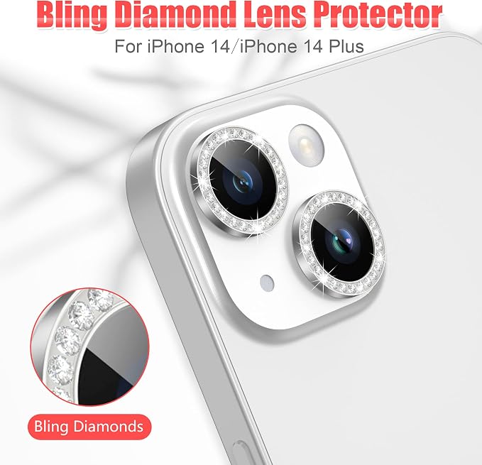 AGVEE 3+3 6 Pack for iPhone 14/14 Plus Camera Lens Protector Cover | Individual Bling Diamond & Bling Glitter Sparkle Cute Gem Metal Ring, 9H Tempered HD Glass - Image 4