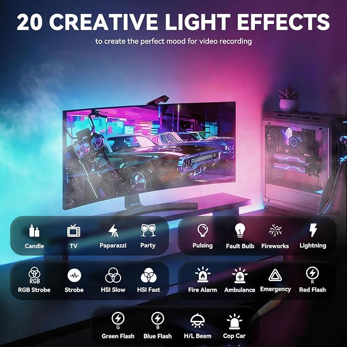 LOUERN RGB Light w Softbox,65LEDs Video Light w CRI95+,0–359° Hue,2500K–9000K,20 Scene Modes, Fast USB-C Rechargeable On-Camera Light w 3 Cold Shoe Mounts for Vlogging,Photography,Selfie,Recording - Image 3