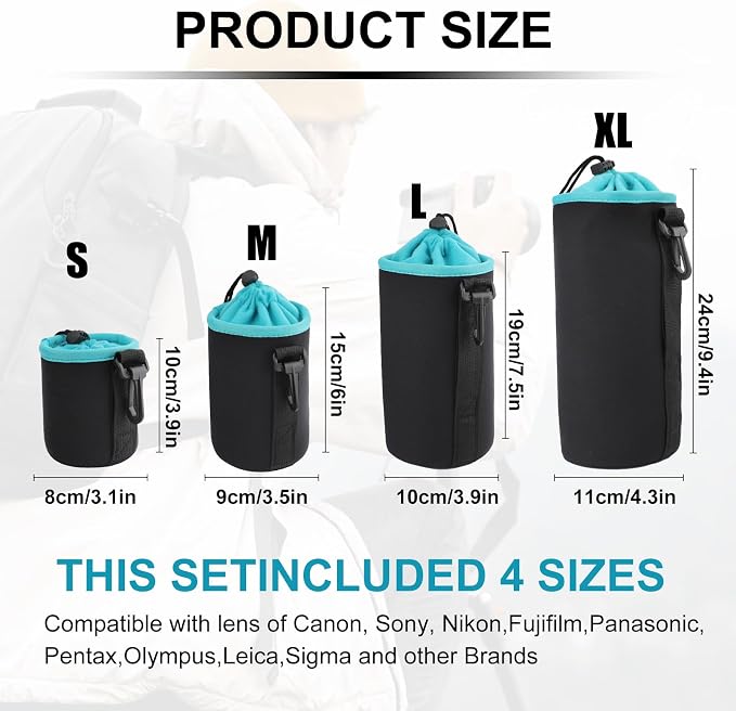 4Pcs Camera Lens Case Bag,4 Sizes Blue Water Resistant Protective Lens Pouch Set With Adjustable Drawstring Rotating Clamp,Replacement Compatible Thick Protective Neoprene for Canon,Nikon,Sony,Pentax - Image 2