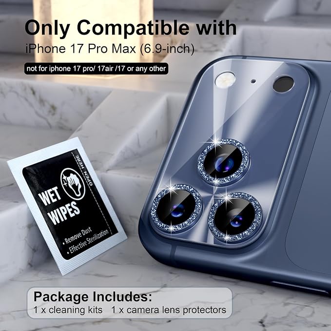Choiche for iPhone 17 Pro Max Camera Lens Protector, Light-Deep Blue | Bling Metal Camera Cover with 9H Tempered Glass Lens Screen Protector Accessories, Strong Adsorption, Case-Friendly, 6.9-inch - Image 2