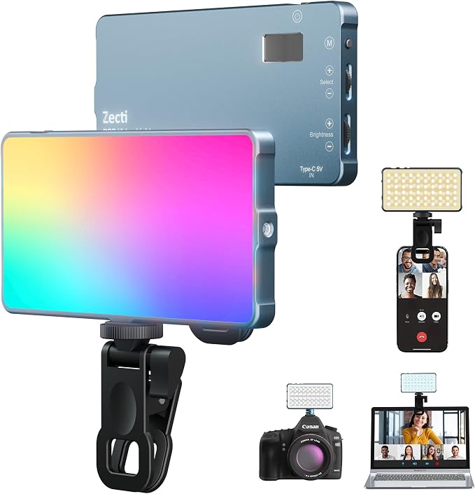 Zecti 135 LED Selfie Camera Phone Light with Metal Hotshoe & Clip | 4000mAh CRI 96+ RGB Video Light, 2500K-9900K 21 Scenes Portable Camera Light for TikTok,Content Creator,12W Max Output Power by Zecti