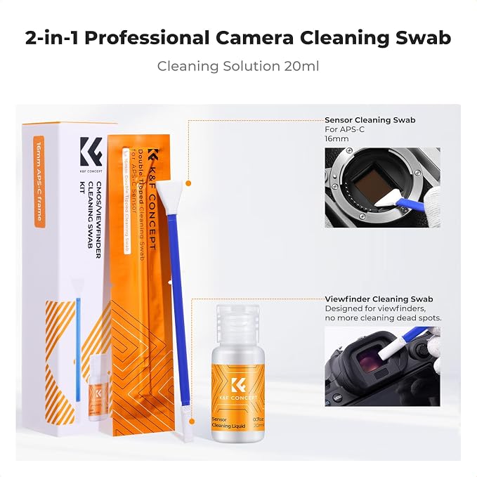 K&F CONCEPT APS-C Sensor Cleaning Kit,with 5 Pack Swabs,20ml Sensor Cleaner | Clean Camera Sensor and View finder,Double layer 270g Swabs,Gentle Cleaning Liquid,for Nikon Sony Canon Camera Clean,MA02 - Image 2