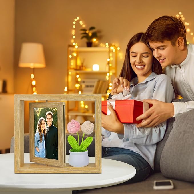 4x6 Rotating Picture Frame Desktop with Crochet Pink Tulip, 4x6 Double-Sided Display Vertical Photo- 2026 Graduation Gift for Girls Her Teacher Tulip Flower Gifts for Mom Women Office Desk Cute Decor - Image 5