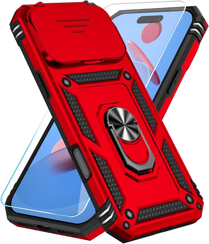 SunStory Phone Case for iPhone 17 Pro Max Case with HD Screen Protector & Slide Camera Cover & Rotated Ring Kickstand, [Military-Grade] Phone Case for iPhone 17 Pro Max, Red by SunStory