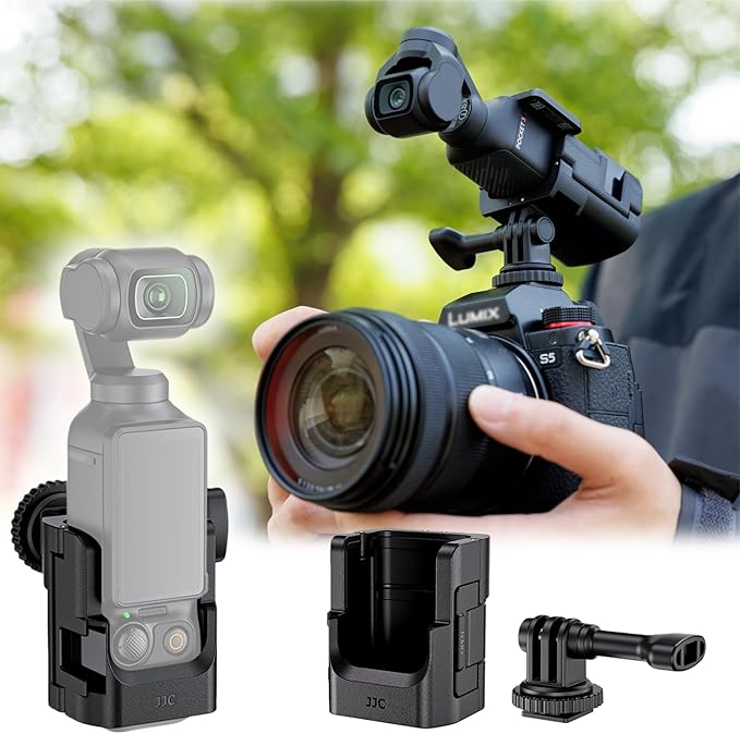 JJC Cold Shoe Mount Adapter for DJI Osmo Pocket 4P 4 3 Muse,w. Tighten Knob | Detachable Expansion Adapter for Tripod & DSLR Hot Shoe,with 1/4" 20 Hole,Folding 2-Fingers,Cold Shoe,Angle Adjustable by JJC