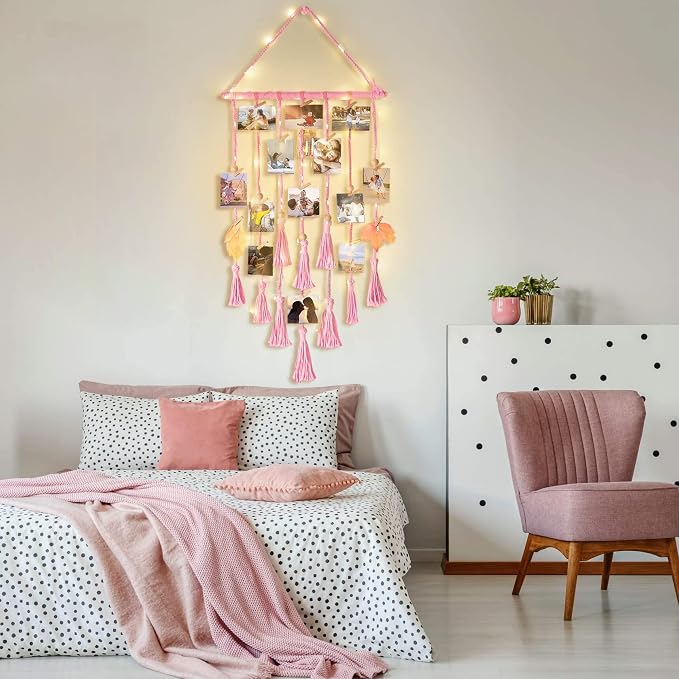 Hanging Photo Display Wall Decor, Pink Macrame Wall Hanging Boho Room Bedroom Decor, Picture Frame Collage with Remote Light & 30 Clips, Christmas Teenage Teen Girl Gifts Ages 10 11 12 13 14 Years Old - Image 2