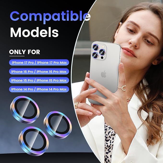 Tensa iPhone 15 Pro/Pro Max Camera Lens Protector, 9H Tempered Glass Screen Cover, Metal Ring for 6.1/6.7 inch iPhone 2023 - Image 2