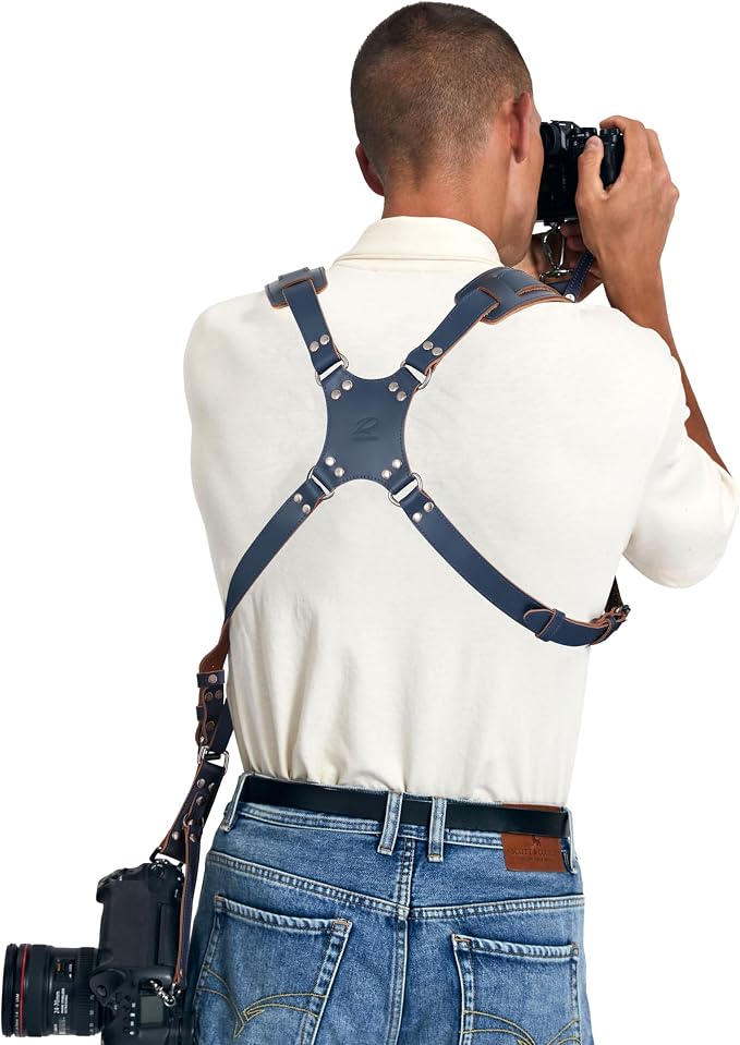 Padwa Lifestyle Dual Camera Harness Strap for Two-Cameras - Dual Shoulder Full Grain Leather Harness,Multi Double Camera Gear for DSLR/SLR Strap,Double Camera Harness for Photographers,Blue - Image 4