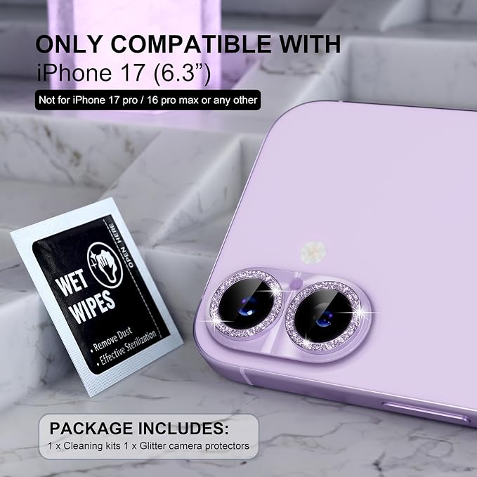 Choiche for iPhone 17 Camera Lens Protector, Light-Lavender | Bling Metal Camera Cover with 9H Tempered Glass Lens Screen Protector Accessories, Strong Adsorption, Case-Friendly - Image 2