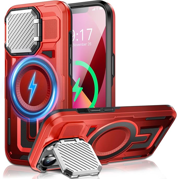 Camera Stand Case for iPhone 14 Plus, [Compatible with Mag Safe] [Lens Cover] 2024 Version Military Grade Protective Soft Case for iPhone 14 Plus 6.7 inch Men Women, Red by WASTROYAL