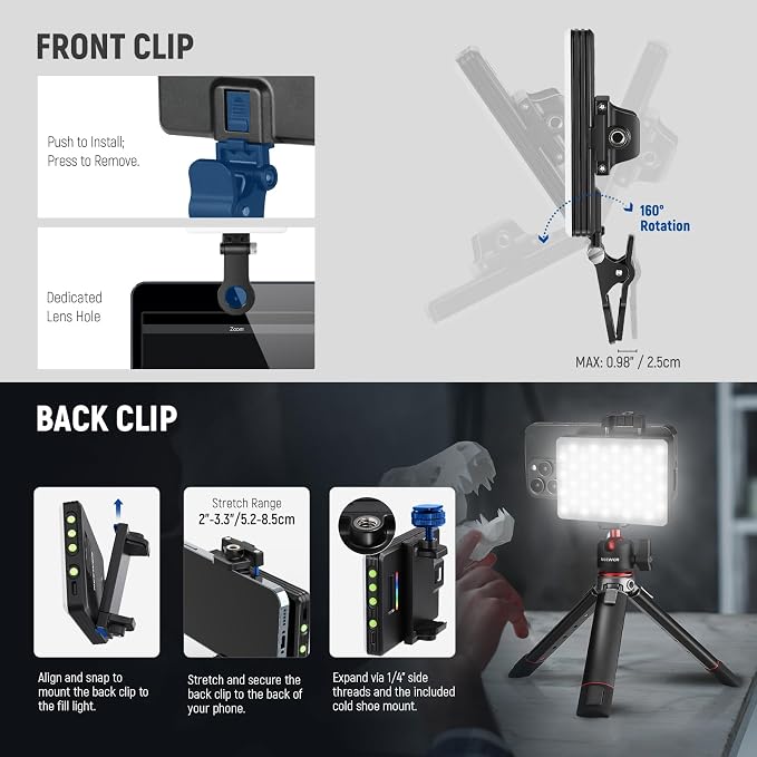 NEEWER VL67C RGB Selfie Light with App Control, 94 LED CRI97 2000mAh | Rechargeable, Cold Shoe Mount Camera Light, Portable Front & Back Phone Clip, for TikTok, Video Conference Light for Laptop - Image 8