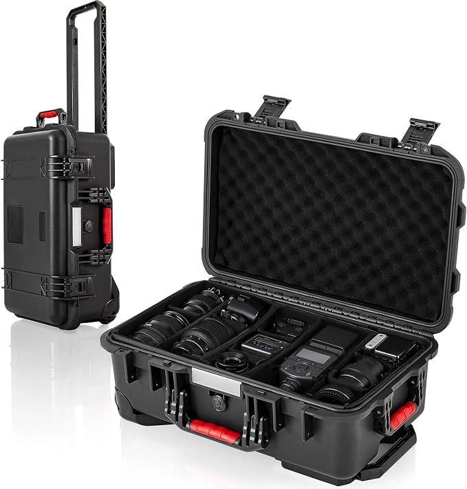 Relaxweex Rolling Camera Hard Case with 15 Padded Dividers & Wheels | Impact-resistant, Protective, Waterproof, Hard Shell Travel Case for Cameras, Lenses & Accessories, 22 x 14 x 9 Inch, Black by Relaxweex