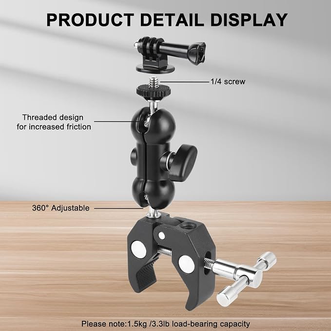 Super Clamp Camera Mount with 360° Ballhead Magic Arm, Black | Super Clamp Mount with 1/4" and 3/8" Thread, Desk/Bike/Bicycle/Motorcycle/ Handlebar for GoPro, Phone, Camera, Monitor - Image 2