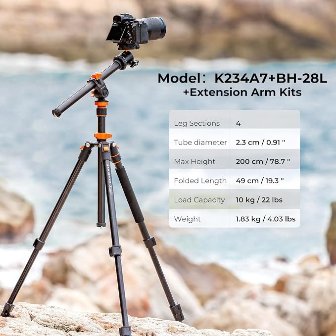K&F CONCEPT 78 inch DSLR Camera Tripod | Magnesium Alloy, Multi-Angle Center Column, Max Load 22lbs/10kg, O234A7+BH-28L + Arm Kits - Image 2