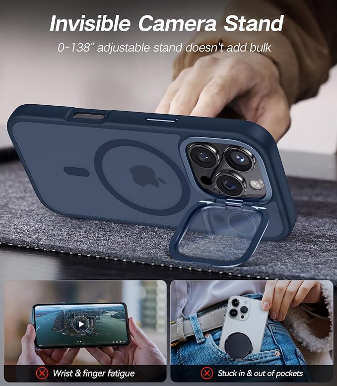 VOFATA [Upgraded] for iPhone 16 Pro Case with Camera Cover Stand [Fit for MagSafe][9H Camera Lens Protector] Mil-Grade Protection Translucent Matte Magnetic iPhone 16 Pro Phone Case, Blue - Image 3