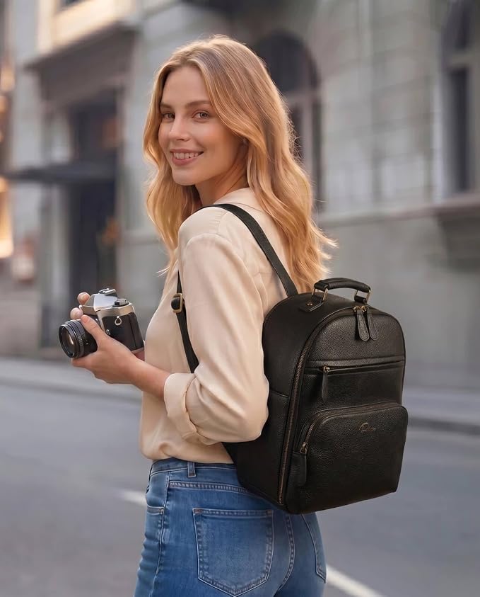 Small Camera Backpack Classic PU Leather for DSLR, Professional Camera Bag for Photographers with 11 Inch Pad/Tablet Compartment Small 10L Black - Image 2