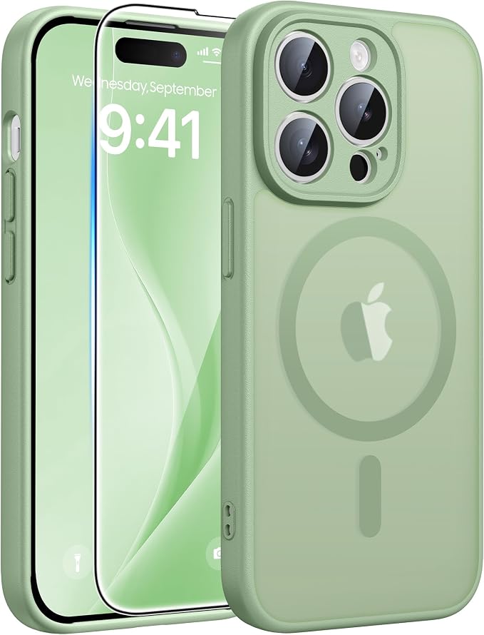 FNTCASE for iPhone 14 Pro Max Case, Fit for Magsafe, Glass Screen Protector | Full Camera Protection, Translucent Matte, 14FT Military Grade Drop Proof, Shockproof Protective Phone Cover, Light Moss by FNTCASE