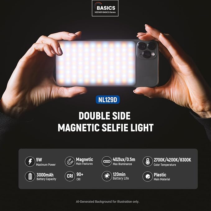 NEEWER Basics 5W Magnetic Phone Selfie Light for iPhone MagSafe, Dual Sided Clip LED Lighting 402lx/0.5m CRI90+ 3000mAh for Camera Recording Computer Video Conference Makeup Streaming, NL129D - Image 2