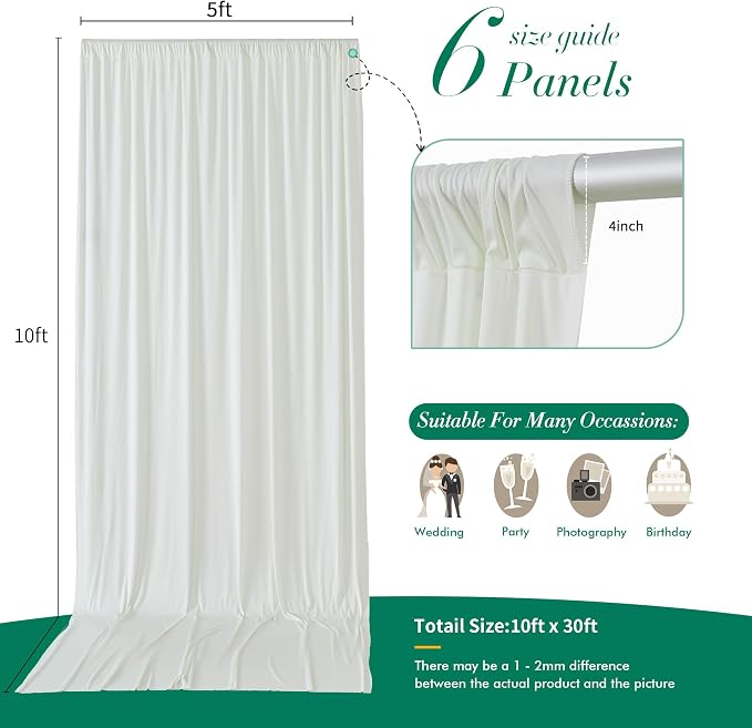 30 ft x 10 ft Wrinkle Free Ivory Backdrop Curtain for Wedding Parties, Polyester Ivory Photo Backdrop Drapes 6 Panels 5x10ft for Baby Shower Photoshoot Engagement Birthday Party Photography Background - Image 4