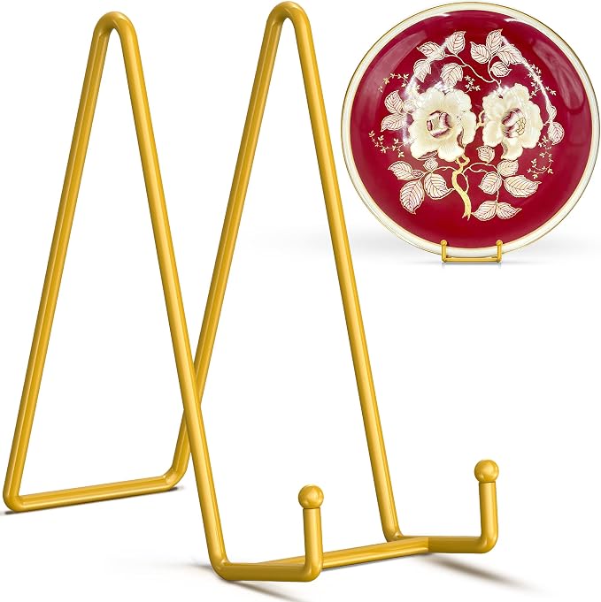 TR-LIFE 10 Inch Large Plate Stands/Holder for Display - Metal Picture Frame Holder Stand + Small Easels for Decorative Plate, Platter, Book, Plaques, Photo, Tabletop Art (Gold 2 Pack) by TR-LIFE