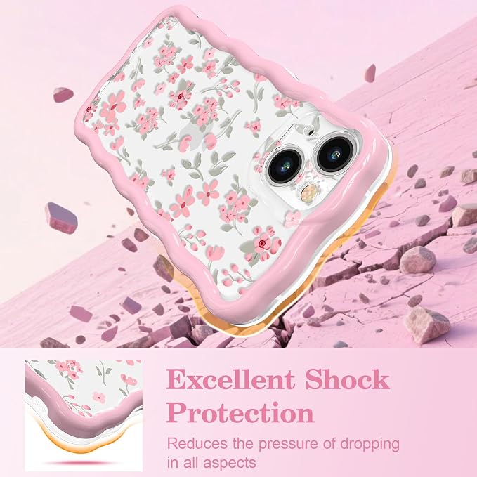 QLTYPRI for iPhone 15 Pink Flower Case, Clear Cute Pink Floral Flower Phone Case Curly Wavy Aesthetic Phone Cover, Soft Slim Transparent TPU Shockproof Protective Cover for Women Girls - Pink - Image 4