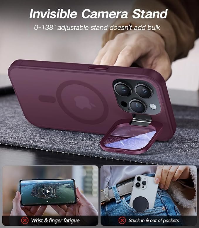 VOFATA for iPhone 13 Pro Max Case with Camera Cover Stand [Built-in 9H Camera Lens Protector][Fit for Magsafe] Military Grade Shockproof Translucent Matte Magnetic Phone Case 6.7",Red - Image 3
