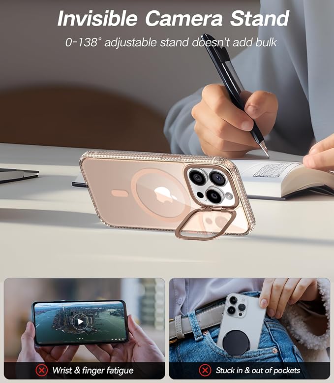 VOFATA [Upgraded] for iPhone 15 Pro Max Case with Camera Cover Stand [Fit for MagSafe][9H Camera Lens Protector] Mil-Grade Protection Transparent Magnetic iPhone 15 Pro Max Phone Case, Clear Gold - Image 3