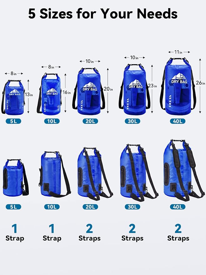 HEETA Dry Bag Waterproof Backpack with Phone Case 5L/10L/20L/30L/40L | Roll Top Lightweight Dry Storage Bag for Women Men, Travel Boating Kayaking Paddle Board Camping Beach Essentials Accessories - Image 2