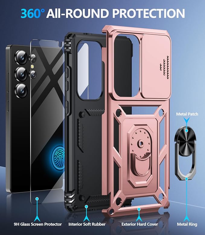 Taisairu for Samsung Galaxy S25 Ultra Case with Screen Protector & Slide Camera Lens Cover, Built-in Magnetic Ring Stand Shockproof Protective Phone Case for Samsung S25 Ultra Case (Rose Gold) - Image 2