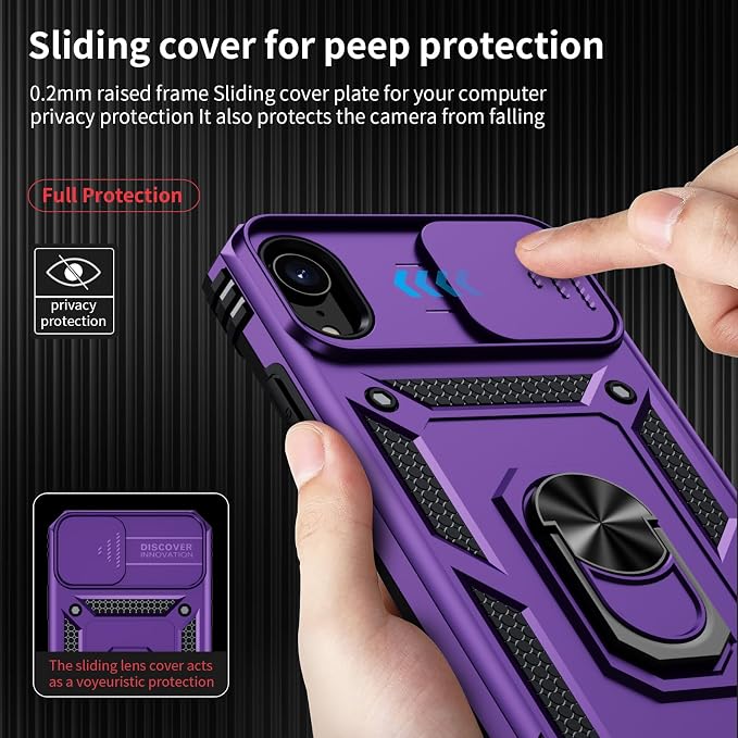 for iPhone XR Case with Camera Lens Cover, HD Screen Protector, 10 FT Military Grade Drop Protection, Magnetic Ring Holder Kickstand Protective Phone Case, Deep Purple - Image 3