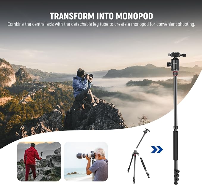 NEEWER 77 Inch Camera Tripod Monopod for DSLR & Phone, Aluminum, TP77 | 360° Panoramic Ball Head, 2 Axis Center Column, Arca Type QR Plate, Bag, Compact Lightweight Travel Tripod, 34lb Max Load - Image 6
