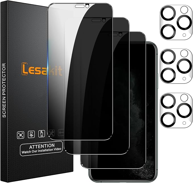 Lesakit 3+3 Pack Privacy Screen Protector for iPhone 11 Pro Max 6.5-Inch with 3 Pack Camera Lens Protector, Anti Spy Tempered Glass Film 9H Hardness Bubble Free Case Friendly by Lesakit