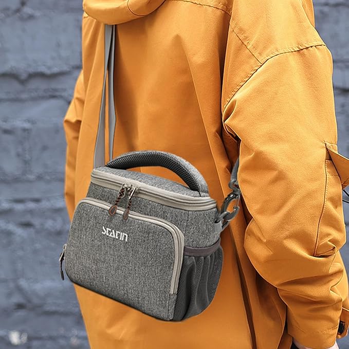 Camera Shoulder Bag,Small Gray Shockproof Canvas SLR/DSLR Mirrorless Crossbody Lens Case Purse,Compact Storage Messenger Bag for Sony A7,for Canon R Series(M) - Image 5